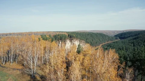 Aerial view; camera moving from behind autumn forest to river Stock Footage 117998793