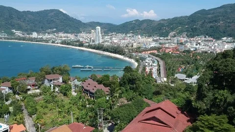 Aerial View as Camera Rises on Patong City, Phuket, Thailand Stock Footage