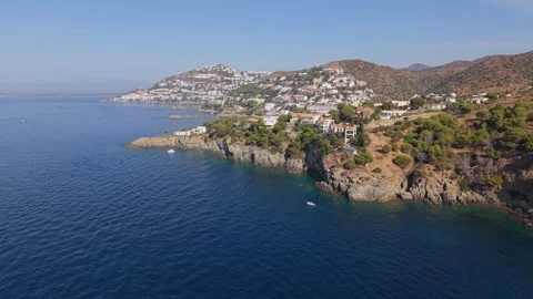 Aerial View of Cami de Ronda Coastal Path Between Roses and Montjoi, Spain Stock Footage 345615089