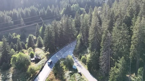 Aerial View of Camper Vans Overtaking on Mountain Road Near Lake 動画素材 344033134
