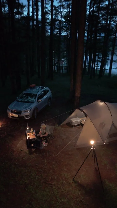 Aerial view, camping alone in the pine forest with SUV car in evening 스톡 동영상 289319797
