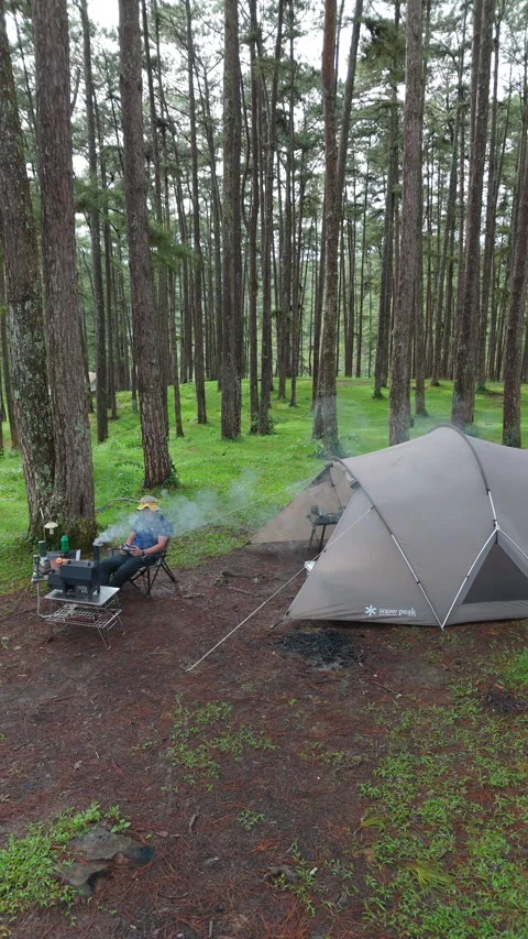 Aerial view, camping alone in the pine forest with SUV car Video stock 289332560