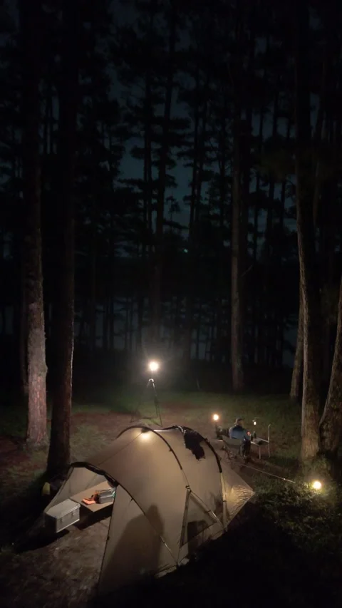 Aerial view, camping alone in the pine forest with SUV car in evening Stock Footage 289345480