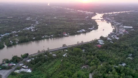 Aerial view of the Can Tho river during a brilliant sunset Stock Footage 167264124