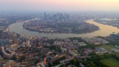 Aerial view of Canary Wharf, Docklands, London. Dolly in shot. Stock Footage