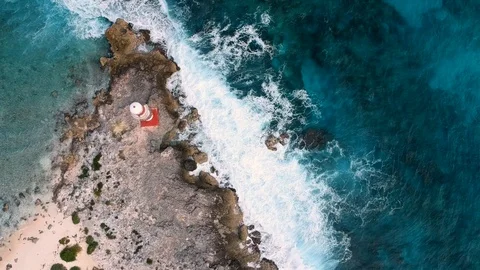 Aerial View of Cancun Lighthouse with sight of Mexico Gulf, HD Drone Footage Stock Footage 94399134