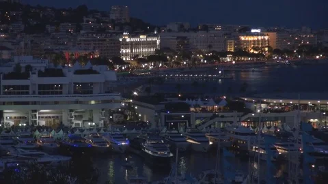 Aerial view Cannes crowded downtown city by night popular sightseeing attraction Video stock 84747751