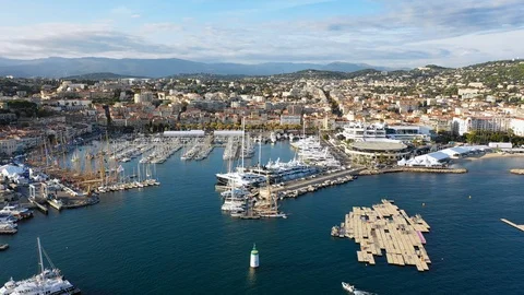 Aerial view of Cannes, famous city on French Riviera, yachts in harbour, France Stock Footage