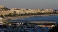 Aerial View Cannes Harbor Luxury Yacht French Riviera Cote d'Azur Carlton Sunset HD Footage