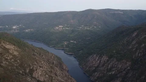Aerial view of the canyon river Sil in Ribeira Sacra in Galicia, Spain Stock Footage 209892744