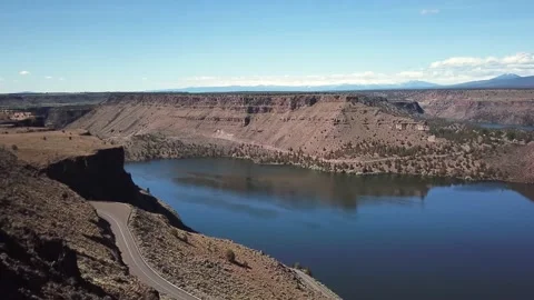 Aerial View of the Canyons and Road Above Lake Billy Chinook / Cove Palisades Stock Footage 141013307