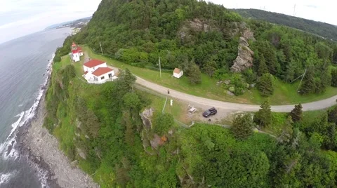 Aerial view Cap Chat lighthouse and Rock, Gaspesie, Quebec, Canada Stockbeeldmateriaal 53368835