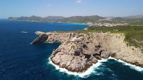 Aerial view of Capdepera Lighthouse on Rocky Coast, Palma de Mallorca Video stock 284873026