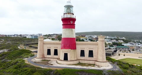 Aerial View of Cape Agulhas Lighthouse on Southernmost Tip of Africa Stock Footage 330718186