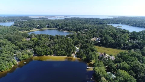 Aerial View of Cape Cod Lakes and Horizon in the Summer. 4K Stock Footage