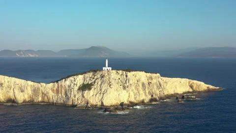 Aerial view of Cape of Ducato lighthouse in Lefkada island- Greece Stock Footage 158661695