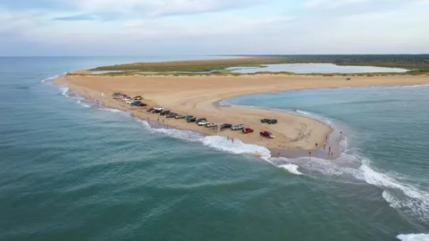 Aerial View of Cape Point and Hatteras Island with People Fishing Stock Footage 247991407
