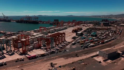 Aerial view of Cape Town harbour with shipping containers and cranes Stock Footage 332299726