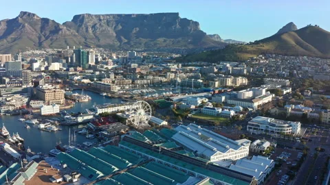 Aerial view Cape Town with Table Mountain and the VA Waterfront Stock Footage 169827994