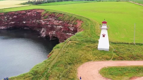 Aerial View of Cape Tryon Lighthouse, Prince Edward Island, Canada -10 Vídeos de archivo 221456469