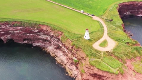 Aerial View of Cape Tryon Lighthouse, Prince Edward Island, Canada -5 Vídeos de archivo 221456502