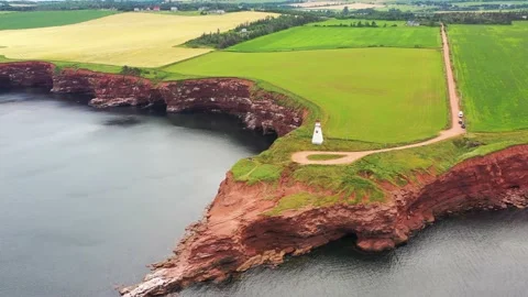 Aerial View of Cape Tryon Lighthouse, Prince Edward Island, Canada -6 Vídeos de archivo 221456503