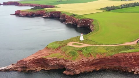 Aerial View of Cape Tryon Lighthouse, Prince Edward Island, Canada -7 Vídeos de archivo 221456504