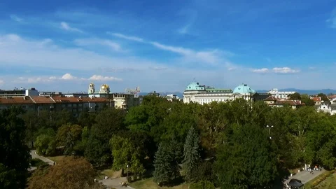 Aerial view of capital of Bulgaria, Sofia. Three architectural and iconic Stock Footage 104046828