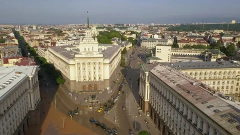 Aerial view of capital of Bulgaria, Sofia. Three architectural, iconic buildings Stock-Footage 243787907