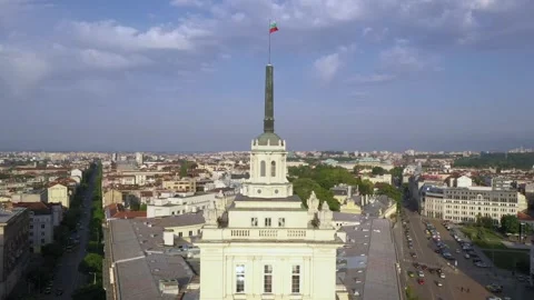 Aerial view of capital of Bulgaria Sofia. Three architectural, iconic buildings Stock-Footage 246350591