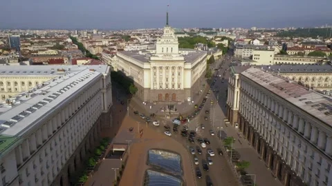 Aerial view of capital of Bulgaria Sofia. Three architectural, iconic buildings Stock Footage 247430257