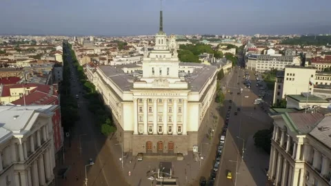 Aerial view of capital of Bulgaria Sofia. Three architectural, iconic buildings Stock-Footage 252870562