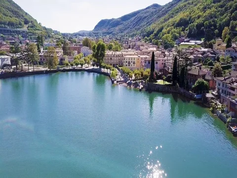 Aerial view of Capolago on the Lake Lugano Ticino, Switzerland Stock Footage
