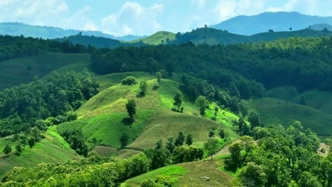 Aerial view captures bare mountain hills covered with grass and crops. Video stock 347275203