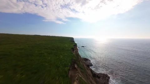 Aerial view captures cliff edge meeting ocean Stock Footage 340224604