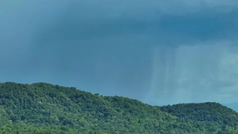 Aerial view captures heavy rainfall over a tropical rainforest. Video stock 346970676