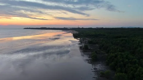 Aerial view captures sunset over mangrove forest near coastal terrain at Penaga Stock-Footage 329363973