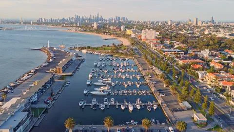 Aerial view capturing the expansive St Kilda Marina filled with yachts, str.. Stock-Fotos