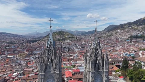 Aerial view capturing Quitos landmark Basilica del Voto Nacional, architectural 스톡 동영상 308402042