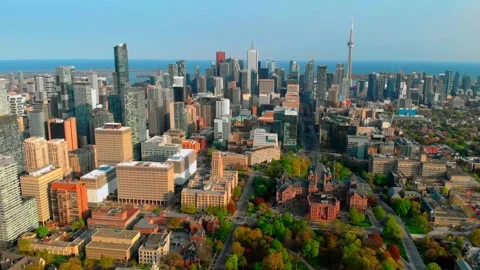Aerial view capturing toronto skyline, featuring iconic cn tower and university Stock Footage 307553198