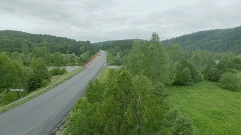 AERIAL: View of the car bridge through a small river. Close-up due to trees. Stock Footage 82222992