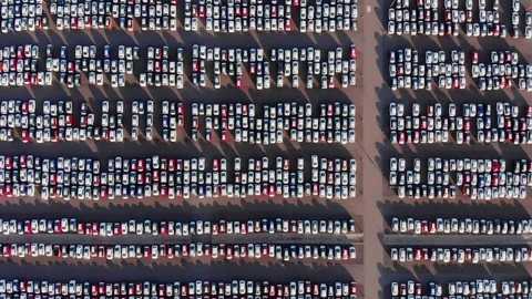 Aerial View Of A Car Distribution Centre, New Cars. Lot of Cars on Parking Lot Stock Footage 119549604