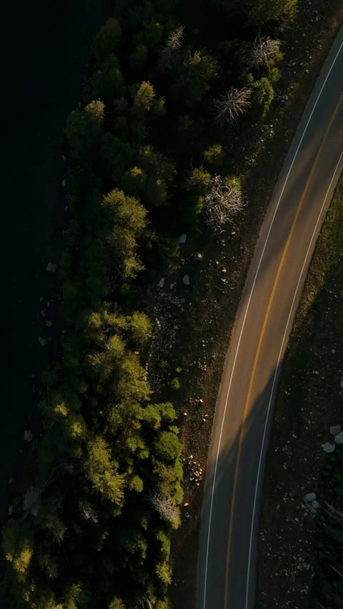 Aerial View of Car Driving on Curved Mountain Road in Montana USA at Sunset. Video stock 338257577