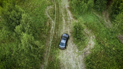 Aerial view on car driving through summer forest road. Scenic summer landscape Stock Footage 129451844