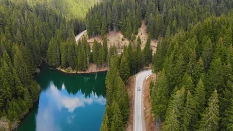 Aerial view of car driving through the mountain forest and the lake on the side Stock-Footage 150664283