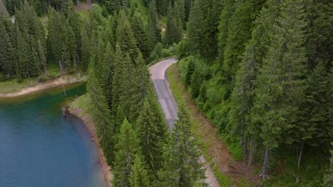 Aerial view of car driving through the forest and the lake on the side. Stock Footage 248047662