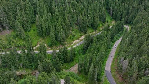 Aerial view of car driving through the forest and the lake on the side. Stock-Footage 248047912