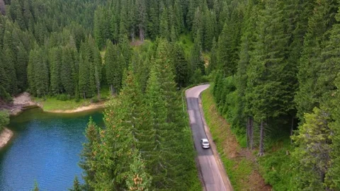 Aerial view of car driving through the forest and the lake on the side. Stock Footage 248048702