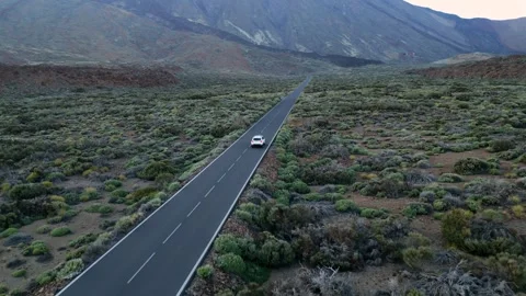 Aerial view of a car driving through the volcanic landscape of Teide National Stock Footage 345534198