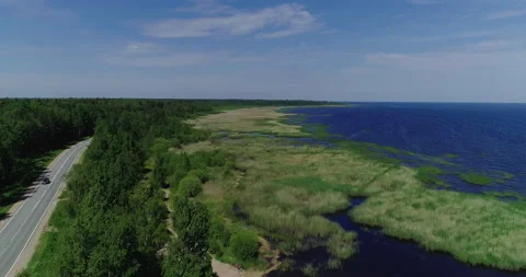 Aerial View Of Car Moving On Two Lane Road and the shore of lake with blue water Video stock 156269396